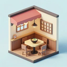 outside view of miniature classy ramen shop with table and seats, studio ghibli style, hayao miyazaki, spirited away, clean, low poly art, detailed, isometric view, artstation, behance, global illumination, 3 d illustration, kawaii, pastel colors