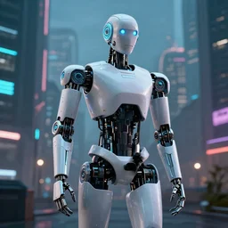 humanoid robot in a cyberpunk city in the background