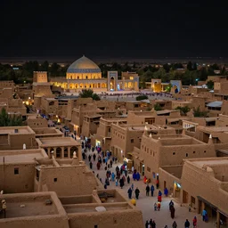 in the middle of a adobe house kasbah town, mud and brick houses, merchant street, pueblo dense architecture, colorful crowd. Huge persian temple in a plaza, round roof. Scenic view at night, underexposed, clean horizon, matte painting by craig mullins and dan mumford, dark fantasy, style of game of thrones, concept art trending on artstation, 4k, insane details