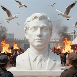 realistic cinematic views of a orwellian propaganda festival with fires in the background and dead seagulls falling from the sky in front of the main stage worshipping a large statue of kim kardashian, hyper detailed, terror glows, hyper realistic, digital painting, 8 k, 3 5 mm film grain, octane render