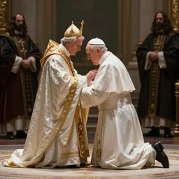 kneeling before the pope, royal robe, gold trim, light effect, hyper detailed, intricate, atmospheric, elegant, photorealistic by michael komarck, greg rutkowski, victo ngai, artgerm, willem claesz heda and j. dickenson