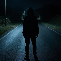 a creepy figure standing in the middle of the road, found footage, dark, scary, night