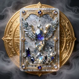 tarot card carved from crystal, with ornate moonstone and crystal borders, central crystal with wings, labradorite, crystals, glowing, tarot card, circle of gold behind subject, mist, aesthetic shape, volumetric lighting, detailed, ornate, intricate detail, magical circle, mist, central composition, neon, bioluminescence, cinematic, hyperrealistic, hyper detailed, ultra realism, unreal engine render, 8 k, post processing, symmetrical composition, gold filigree