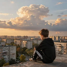 Sad gopnik boy in black adidas, view atop of a urban plateau filled with soviet apartment buildings, golden hour, dreamy, beautiful clouds, ultra detailed, beautiful lighting, wallpaper, cityscape, 4K, beautiful artwork by Makoto Shinkai