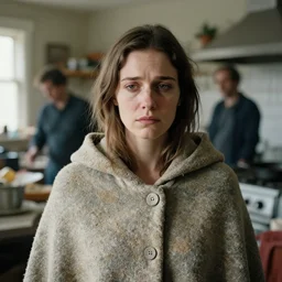 closeup portrait of a sad woman with a cloak made of stone, standing in a busy messy kitchen, by Annie Leibovitz and Steve McCurry, natural light, detailed face, CANON Eos C300, ƒ1.8, 35mm, 8K, medium-format print