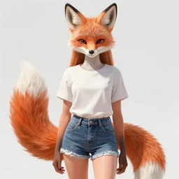 ultrafine hyperdetailed illustration fullbody portrait of wild half - fox woman with fox nose and ears, wearing summer jeans shorts and tshirt, anime art, concept art, detailed attractive face with fox nose and fox mouth, symmetrical, trending on pixiv, by lois van baarle by sung choi by john kirby artgerm style pascal blanche and magali villeneuve