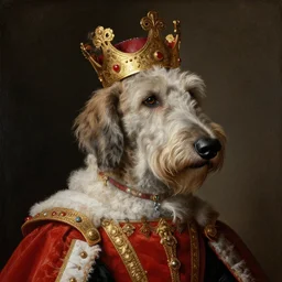 portrait of scottish deerhound dressed as a king, painted by rembrandt, reneissance style, realistic, hyperdetailed, uhd, 4 k,