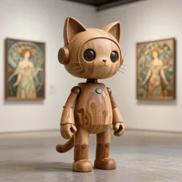 3D octane render ultra 8K photorealistic hyperdetailed unreal engine a wooden sculpture on feet a very cute mystical robot of the bohemian with cat’s ears ,concept art ,trending on cgsociety artwork masterpiece in a contemporary art gallery by Alphonse Mucha