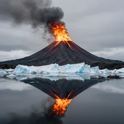 a burning volcano next to a iceberg, symmetrical composition, tones of grey, powerful, high quality, by outcrowd