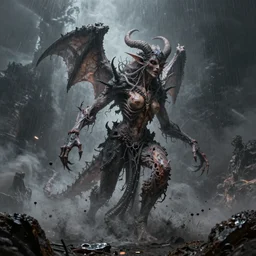 disfigured lilith the mother of all monsters gorgon!, raining ash, fine art masterpiece, highly detailed dino valls wayne barlowe machiej kuciara, dramatic lighting, long shot, wide angle, uhd 8 k, sharp focus