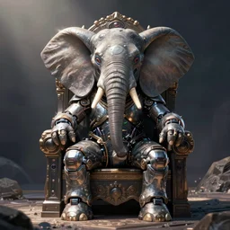 a antropomorphic cyborg xenomorphic elephant sited in a throne
