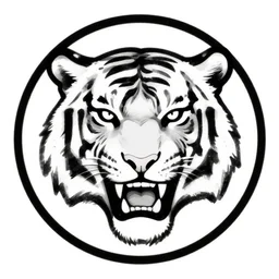 round circular logo with simple doodle drawing in monochrome ink of a fearless african tiger head with angry ears, very aggressive mouth, lethal eyes