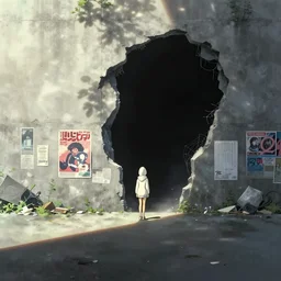 hosoda, tatsuyuki tanaka ghibli, miyazaki movie scene, vanishing point, focal point, ultra wide, brutalist, white hoodie girl, large dark hole in the side of a concrete wall, bright dappled sunlight, long dark shadows, black depths, posters, notices, graffiti, banners, junk, overgrown, spiderwebs