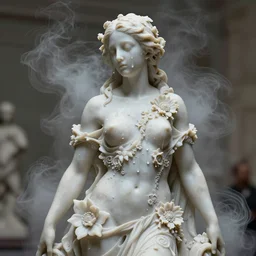 a sculpture of a beautiful woman with flowing tears, fractal flowers on the skin, intricate, a marble sculpture by nicola samori, behance, neo - expressionism, wax sculpture, apocalypse art, made of mist, still frame from the prometheus movie by ridley scott with cinematogrophy of christopher doyle, arri alexa, anamorphic bokeh, 8 k