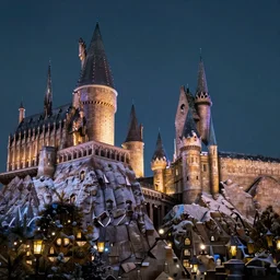 photograph of hogwarts at night, highly detailed, smooth, sharp focus, winter