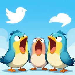 cartoon twitter birds screaming at the top of their lungs with an angry look on their face