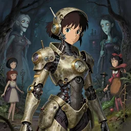 detailed, sharp, cute humanoid female cyberpunk clockwork warrior by Anna Dittmann and by studio ghibli and Tim Burton and Junji Ito and Zdzislaw Beksinski. digital art. surreal. featured on art station. anime arts. featured on Pixiv, HD, 8K, highly detailed, good lighting