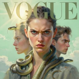 3 d, sci - fi, morning, angry fashion model face, sun, cinematic, clouds, sun rays, vogue cover style, poster art, light green mood, snakes, realistic painting, intricate oil painting, high detail, figurative art, multiple exposure, poster art, 3 d, by tooth wu and wlop and beeple and greg rutkowski