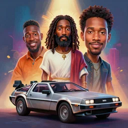 stylish caricature - 3 d vfx - drew struzan movie poster - art of an african jesus christ and a delorean, art style by james jean & hsiao - ron cheng, unreal engine render, digital illustration, sharp, intricate detail, volumetric lighting, ray tracing, soft light, colourful, claymation style, ernie barnes style, symmetry, acrylic on canvas, pinterest, art