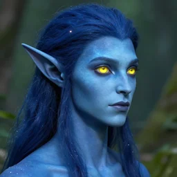A blue skinned male elf with yellow eyes, forwards facing, centered, profile shot, fair, fantasy concept art, beautiful, mystical eyes, magical lighting, mystical, shimmers, nature, Artstation, instagram