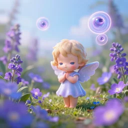 tiny angel in a garden, hyper detailed, sharp focus, bokeh, unreal engine, ray tracing, cute, fantasy, sci fi, purple flowers, blue flowers, violet flowers, glowing flowers, tiny, small, hyper realistic, sky, spinning rings with eyes