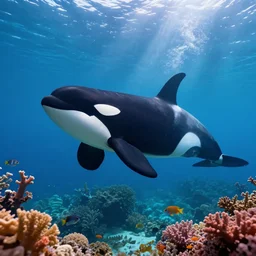 a beautiful and noble orca whale : 0. 5, underwater scenery, beautiful colorful corals, african cichlids and other species of small tropical sea - life, volumetric lighting, god - rays, - wallpaper