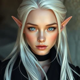 a beautiful picture, sexy fantasy elf. professionally retouched, soft lighting, wearing black clothes, realistic, smooth face, perfect blue eyes, long beautiful white hair, small pointed ears, wide angle, sharp focus on the eyes, 8 k high definition, insanely detailed, lavish, elegant, art by artgerm and wlop
