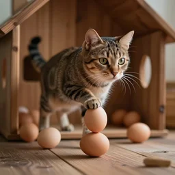 a photo of a cat balancing on eggs, in a wooden house, 4 k, high - resolution, dramatic, cinematic, low depth field, trending on artstation