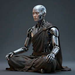 meditating monk with cybernetic enhancements, scifi character portrait by greg rutkowski, craig mullins, cinematic lighting, dystopian scifi outfit, profile picture, mechanical, cyborg, half robot ultra realistic 8 k resolution.