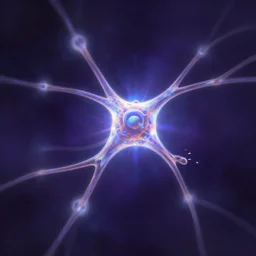 biological neuron in the center, iridescent radiant light in darkness, digital painting, artstation, dark purple and blue color