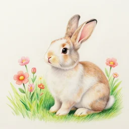 rabbit, flowers, serene, happy, artwork, colored pencil, detailed, stylized
