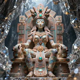 hyper realistic photography of intricate symmetric strange aztec alien goddess sitting on opal throne in a crystal cave detailed, greg rutkowski, artstation, cgsociety