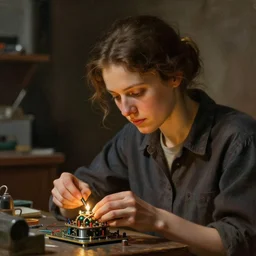 realistic portrait of an engineer woman fixing the samsara holy cluster, fine portrait, concept art, stunning, in the style of brecht evens and jean delville