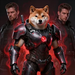 tactical military exoskeleton armor, realistic anthropomorphic shiba inu, red black aura, fantasy, dark, portrait by donato giancola and greg rutkowski and wayne barlow, realistic face