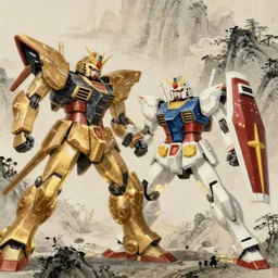 Gundam RX-93 intense fight against Sazabi, traditional Chinese painting style, by Qi Baishi, epic, intricate details, gold glow, trending on art station, 8k