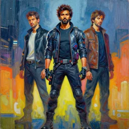 a full body portrait oil painting illustration of rahul kohli by justin sweet and greg rutkowski and alphonse mucha with face and body clearly visible, techwear, futuristic, cyberpunk, raining! artstation trending, high quality, colourful! artstation trending, abstract colours, no crop, entire character!,