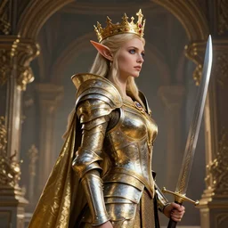 standing queen elf profile view with crown and armor in golden and silver colors and a curve long sword, full body, detailed face, blue eyes, epic masterpiece of cinematographic hyperrealism, realistic shaded lighting poster by craig mallismo, artgerm, jeremy lipkin and michael garmash, unreal engine, radiant light, detailed and intricate environment, digital art, art station trends