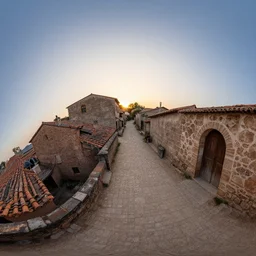 spherical panorama photo of a anicient village street dawn 5 0 mm