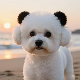 a closeup photorealistic photograph of panda style white bichon frise on the beach at sunset. This 4K HD image is Trending on Artstation, featured on Behance, well-rendered, extra crisp, features intricate detail and the style of Unreal Engine.
