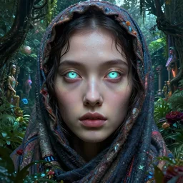 detailed face of an opalescent eyes woman clothed wrapped in textiles, lush, opulent, walled garden, utopian, tech noir, wet reflections, prism, atmospheric, ambient, pj crook, syd mead, livia prima, artgerm, greg rutkowski, nick alm, casey baugh