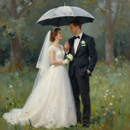 A romantic wedding  couple with umbrella, groom , bride, painting by Leonid Afremov