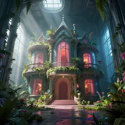 vaporwave mansion, liminal space, high detail, rendered in unreal engine, 3d render, god rays, volumetric lighting, large windows, vegetation
