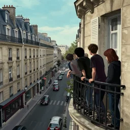 collage by junji ito realist. a computer art of a group of people on a balcony, looking down at a street scene below. the computer art is set in the rue des petits augustins, a street in paris's left bank district.