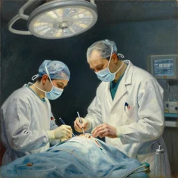 a surreal painting of a doctor performing surgery by magritte, oil on canvas
