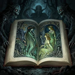an open book surrounded by lovecraftian horrors, highly detailed, gloomy, digital painting, trending on artstation, concept art, sharp focus, illustration, art by alphonse mucha and kaethe butcher and krenz cushart, black and blue and green color scheme