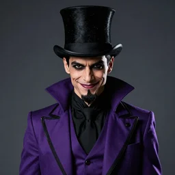portrait, a puerto rican man wearing purple and black ringmaster attire, nefarious smirk, slender, black hair, black top hat, pencil - thin goatee, villain, style by donato giancola, wayne reynolds, jeff easley dramatic light, high detail, cinematic lighting, artstation, dungeons and dragons