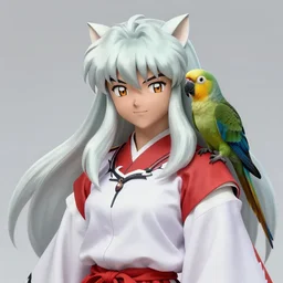 inuyasha with a parrot sitting on the shoulder, white hair, 8 k, from waist up, fantasy, smooth, subtle shadows, fine details, photorealism, hyper realism, octane render, stunning, intricate, elegant, highly detailed, digital painting, artstation, smooth, sharp focus, raw