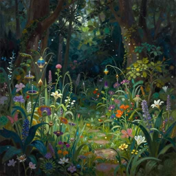 a realistic detailed painting of a beautiful magical garden in the middle of a deep dark forest by Bruce Pennington, trending on Artstation, rich deep vibrant colors