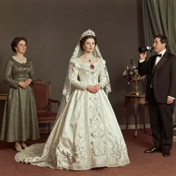 a wide full shot, colored russian and japanese mix historical fantasy of a photograph portrait taken of the empress ’ royal wedding attire, photographic portrait, warm lighting, 1 9 0 7 photo from the official wedding photographer for the royal wedding.