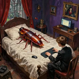 realistic detailed image of a big cockroach sleeping in a bed in an old soviet apartment bedroom,, fully clothed boy plays a computer game, by ayami kojima, amano, karol bak, neo - gothic, gothic, rich deep colors. beksinski painting, from a movie by david cronenberg. art by takato yamamoto. masterpiece by francis bacon
